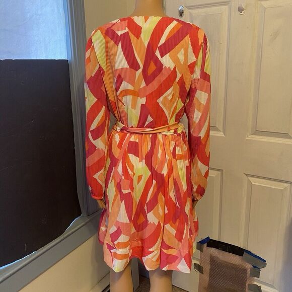 Nicole Miller Mini Dress Sz M Neon Multicolored Pop Art V Neck Elastic Tie Waist - Picture 9 of 10